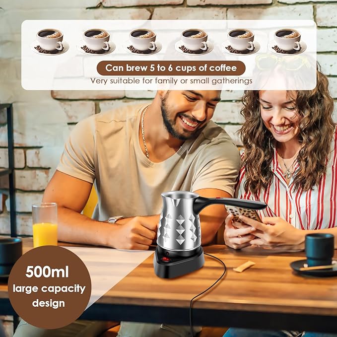 Turkish Coffee Maker with Folding Handle Stainless Steel 500ml Electric Turkish Coffee Machine Electric Turkish Coffee Pot 5 to 6 Cups Capacity Turkish Electric Coffee Maker Machine for Home Travel