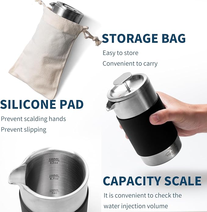 MERMOO YILAN Handleless French Press Coffee Maker - 12 oz Stainless Steel Insulated 3-in-1 Press for Coffee Tea &amp Milk Frother with Detachable Silicone Sleeve | Space Saving Design