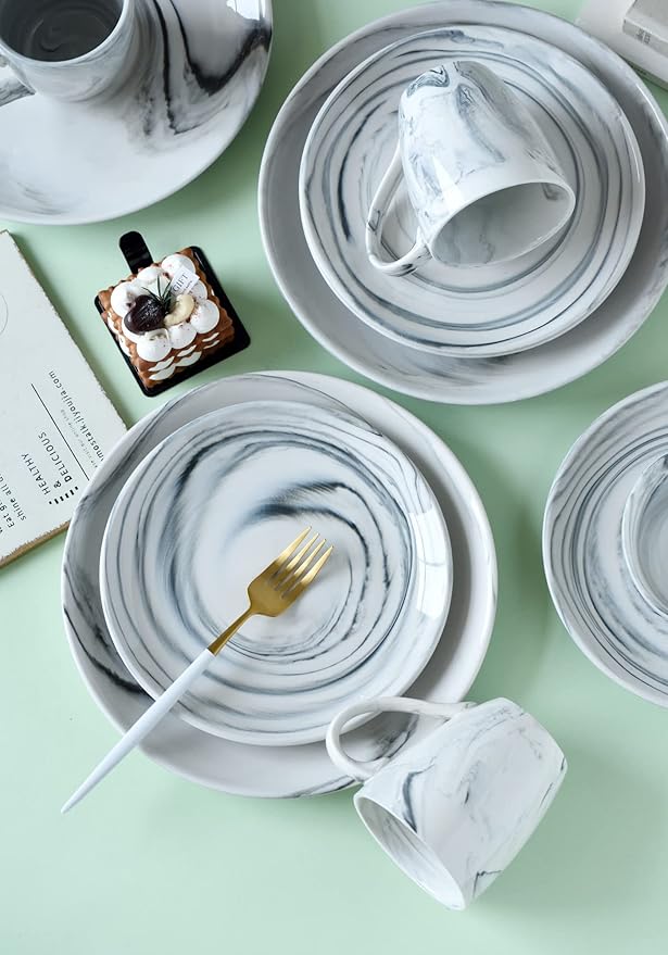 16 Piece Marble Dishes Dinnerware Sets Marble Porcelain Dinnerware Set Grey (4×Dinner Plates 4×Dessert Plates 4×Bowls 4×Mugs 16 Pack)