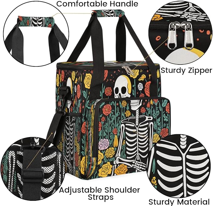 Skeleton Flowers Rose Coffee Maker Carring Bag Travel Carrying Storage Tote Bag Compatible Portable Single Serve Coffee Brewer Case with Pockets for K-cup Pods