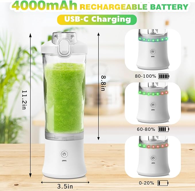 Portable Blender Personal Juicer for Shakes and Smoothies - 20 OZ Electric Protein Shaker Bottle with Insulated Sleeve Travel Lid USB-C Rechargeable - Mini Small Blender Cup for Kitchen Office Gym