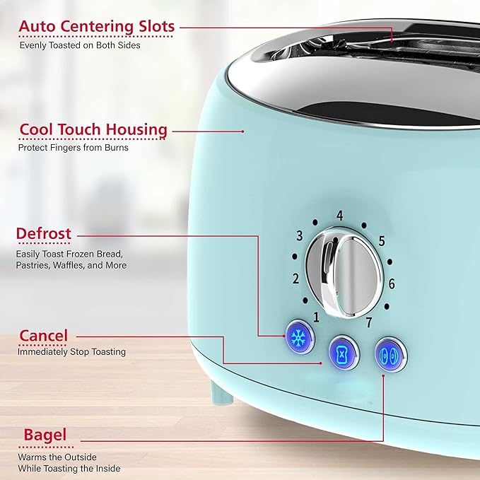Cool Touch 2-Slice Extra Wide Slot Toaster with 7 Shade Settings Defrost and Bagel Functions – Black and Blue Retro Kitchen Toaster (Blue)