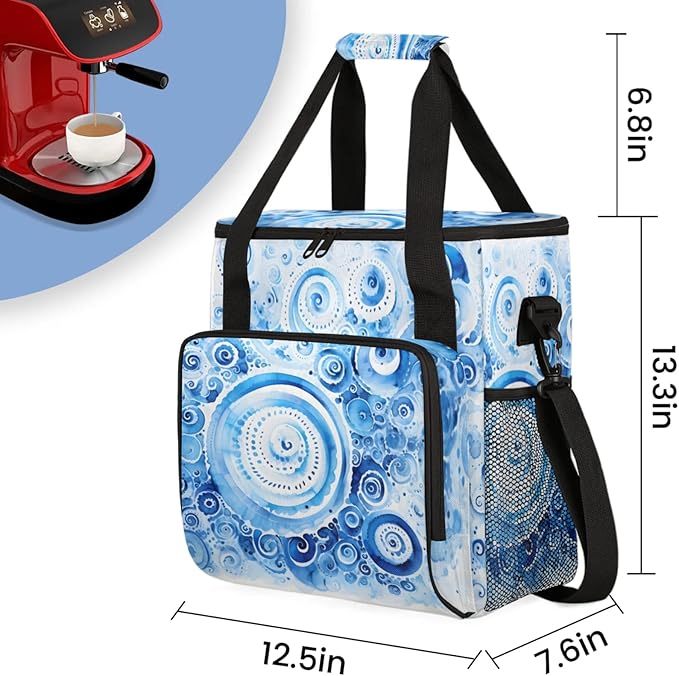 Blue Texture Coffee Maker Travel Bag for Keurig K-Mini/K-Mini Plus Insulated Waterproof Tote with Pockets for K-Cup Portable Single-Serve Brewer Case