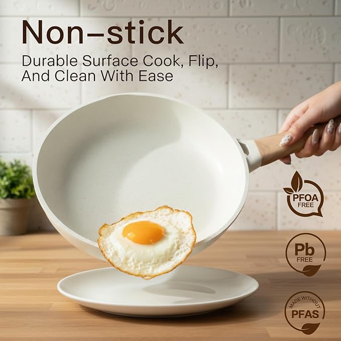 Pots and Pans Set Non Stick Non-Toxic 22 Pcs Ceramic Cookware Sets Nonstick Kitchen Pot&ampPan With Lid Cream White Granite Induction Compatible with Glass Lids Crepe Frying Pan PFOA/PFOS-Free