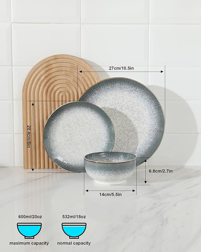 Sweejar Dinnerware Sets Service for 4 12 pcs Porcelain Plates and Bowls for Kitchen Housewaring Gift Chip and Scratch Resistant Dish Set Handmade Dishwasher and Microwave Safe Plate Set DarkGray
