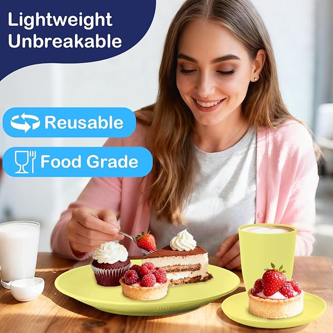 Wheat Straw Dinnerware Set 40-Piece Service for 8 Unbreakable Dishes Set Plates and Bowls Sets Drinking Glasses Microwave Safe Dish Set Lightweight Dinnerware Set for Home &amp Kitchen - Yellow