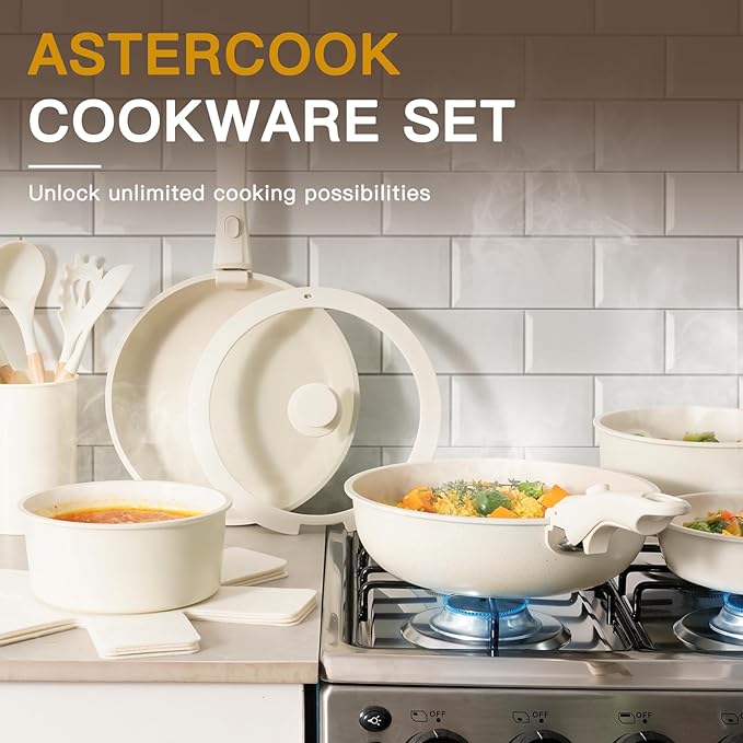 Astercook Ceramic Non-stick Cookware 21 Pcs Pots and Pans Set and 15 Pcs Kitchen Knife Set with Sharpener Block Anti-Rust Coating Elegant Cream White