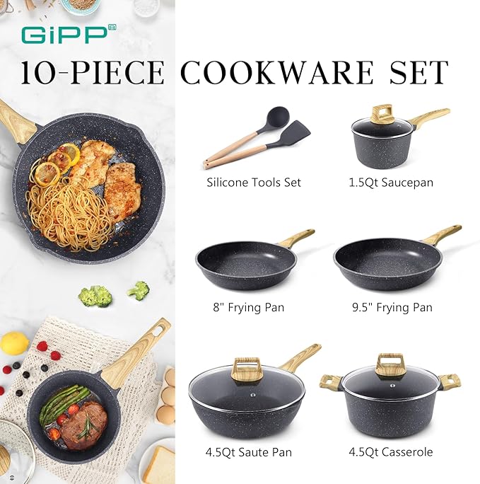 GiPP Pots and Pans Set Non Stick - 10 Piece Gray Granite Kitchen Cookware Sets Nonstick Induction Cookware Non-Toxic Cooking Pan Set with Silicone Utensils PFOS and PFOA Free