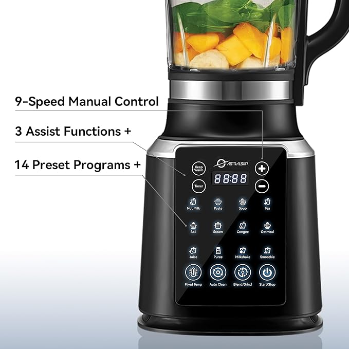Blenders for Kitchen with Tamper 1500W Adjustable 26000-60000RPM High Speed Food Processors Stainle Black Glass jar blender with Keep Warm 14 Preset Functions &amp Auto Clean for Smoothies Soups M