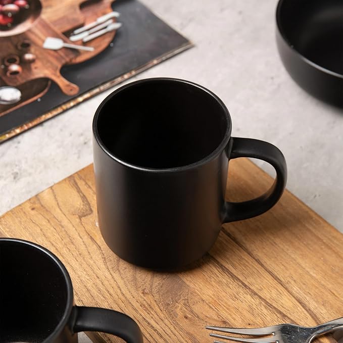 12-Piece Stoneware Dinnerware Set with Mugs Matte Glaze Microwave &amp Dishwasher Safe Stackable Service for 3 White (BlacK of 3)