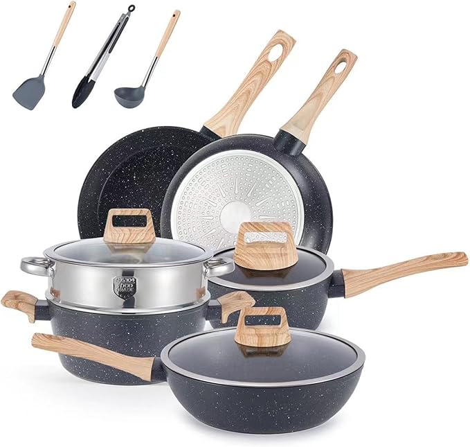 12 Pcs Kitchen Cookware Set Nonstick Dishwasher Safe with Detachable Handle Pots and Pans Set with Lids Granite Induction Cookware Non Stick Cooking Set OvenBlack-Variety Pack
