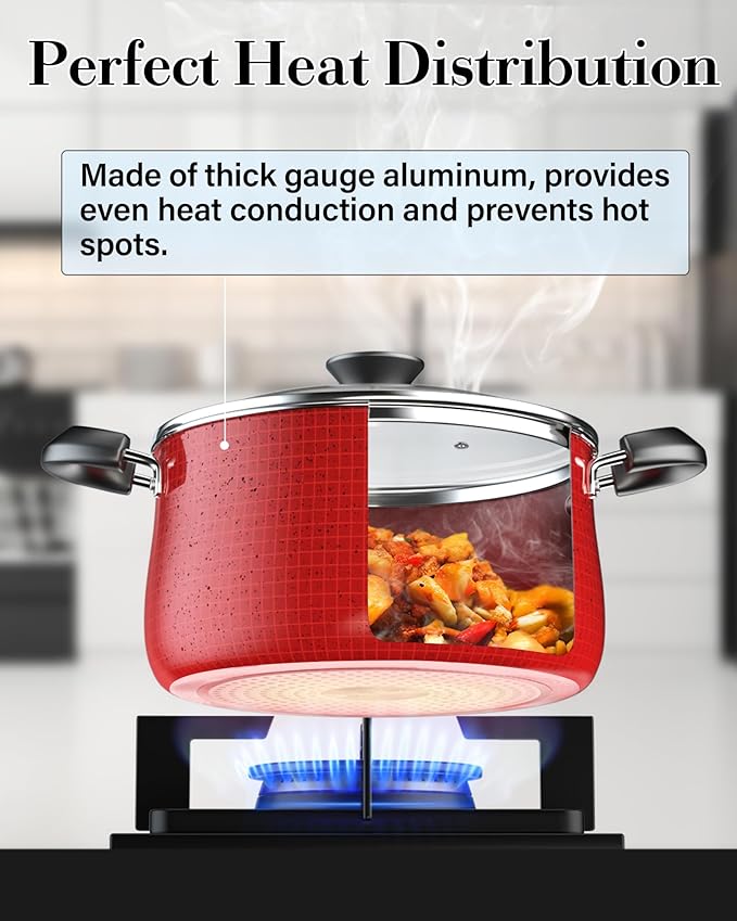 Cook N Home Pots and Pans Nonstick Cookware Set 10-Piece Belly Shape Kitchen Cooking Set with Frying Pans and Saucepans Induction Compatible Marble Red