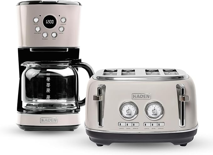 Haden 12 Cup Programmable Drip Coffee Maker Coffee Machine Bundled with Dorset 4 Slice Wide Slot Stainless Steel Toaster Putty &amp Chrome
