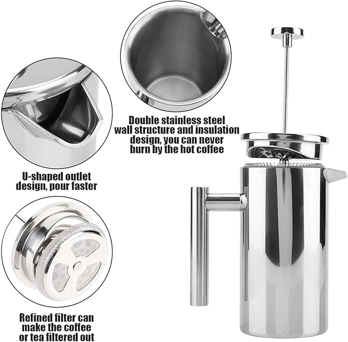 Cyrank French press coffee maker stainless steel coffee prespot double wall with household filter hotel coffee shop 27/34 oz(L)
