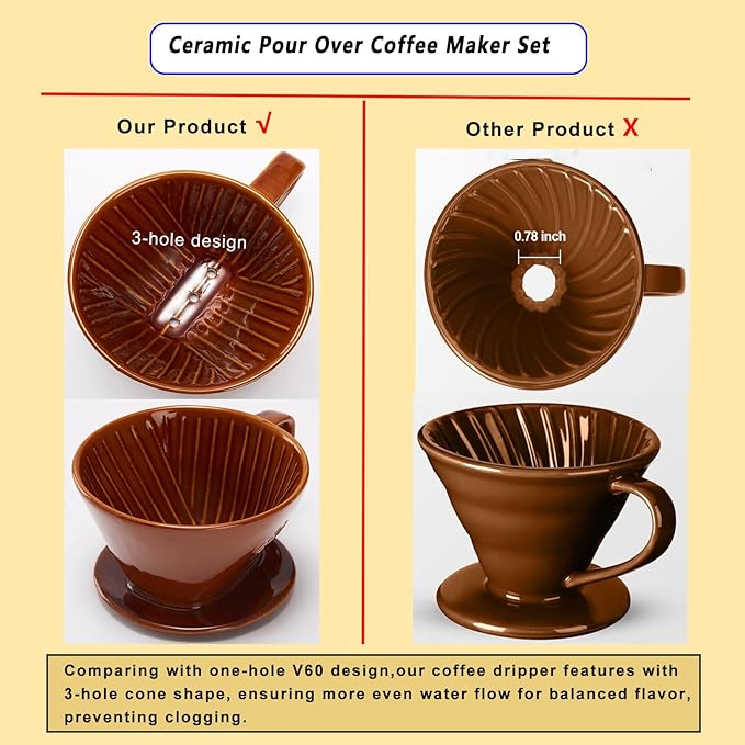 Wild Lily's Spring 22 Oz Vintage Ceramic Pour Over Coffee Maker Set with 4 Coffee Mugs Ceramic Coffee Pot &amp 3-Hole Dripper Set Perfect for 3-4 People at Home in Cafés and Restaurants (Caramel)