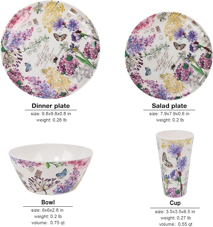 Melamine Dinnerware Set for 4-16 Pcs:Camping Dishes Set with Dinner PlatesSalad PlatesCups and Bowls.Lightweight and Unbreakable.Indoor and Outdoor Use.
