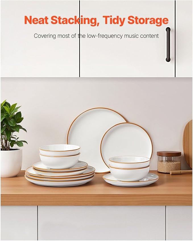 Ceramic Dinnerware Set 12 Piece - White Plates and Bowls Set for 4 Microwave &amp Dishwasher Safe Durable &amp Stackable Kitchen Tableware