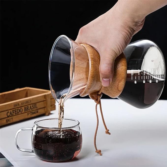 Wood Neck Pour Over Coffee Maker with Stainless Steel Filter 800ml(27oz) Glass Coffee Pot Drip Coffee Brewer for Home Cafe Camping Gift - Permanent Reusable Filter No Paper Needed(800ml)
