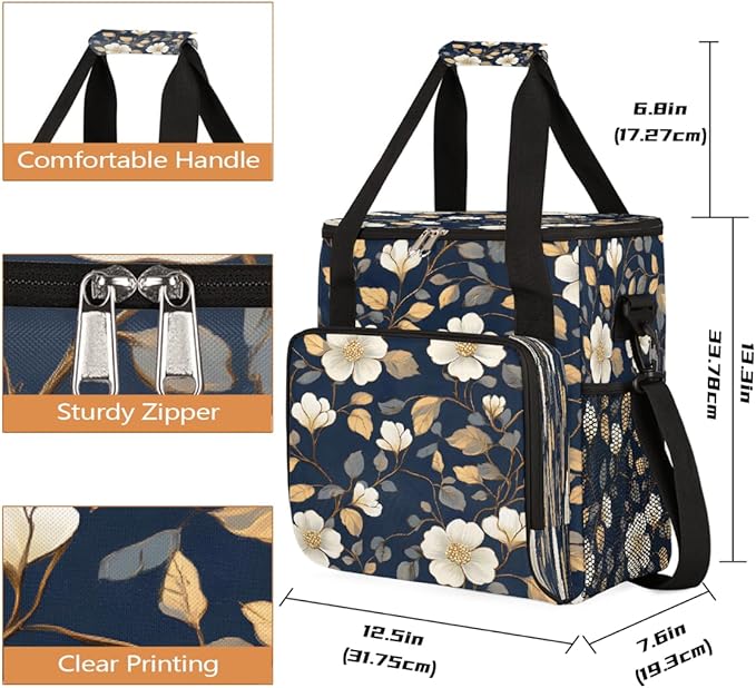White Flower Leaves Coffee Maker Carring Bag Travel Carrying Storage Tote Bag Compatible with Keurig K-Mini or K-Mini Plus Portable Single Serve Coffee Brewer Case with Pockets for K-cup Pods
