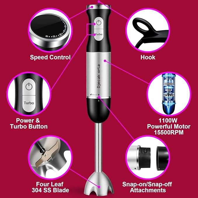 Upgraded Blender Handheld 1100W 30 Speed Settings Max 15500 RPM 5 in 1 Hand Blender with Milk Frother Handheld Food Processor Batidora De Mano Electrica Kitchen Appliances Black