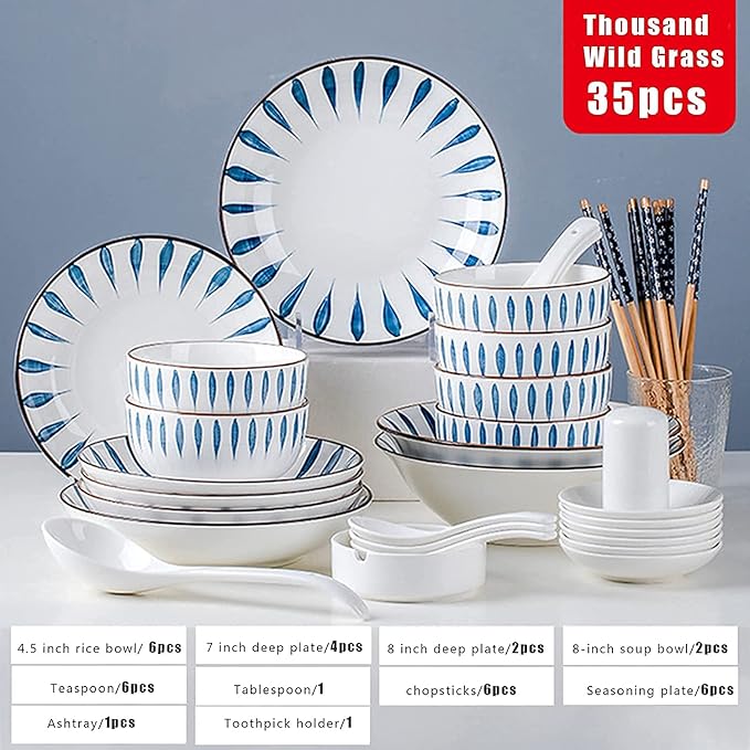 Porcelain Dinnerware Sets Plates and Bowls Sets Modern Ceramics Dinnerware Set Service for 8-12 Japanese Style Plates and Bowls Sets Dis（Chiba 35 Pieces