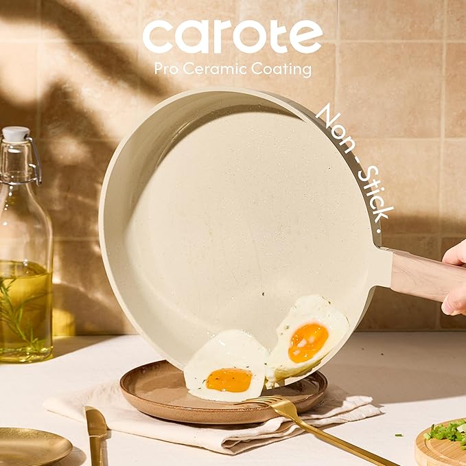 CAROTE 14Pcs Pots and Pans Set Non stick Ceramic Cookware Set Non-toxic Kitchen Cooking Set PFAS and PFOA Free