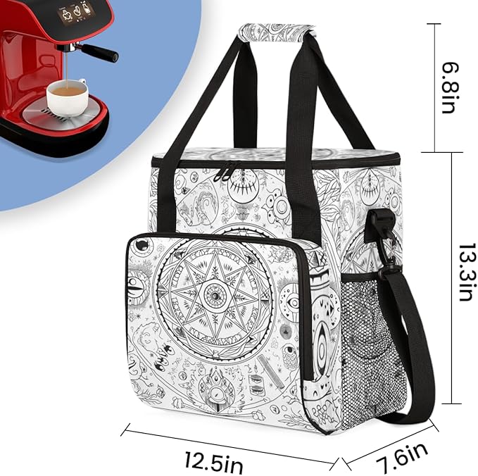 Grey Ethnic Aztec Coffee Maker Carrying Bag Magic Circle Travel Storage Bag Compatible with K-Mini or K-Mini Plus Single Serve Coffee Brewer Carrying Case with Multiple Pockets &amp Shoulder Strap