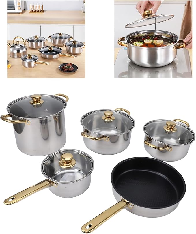 Stainless Steel Pots and Pans Set Ergonomic Golden Handle Multifunctional Cookware Set Kitchen Cooking Pots Glass Lids