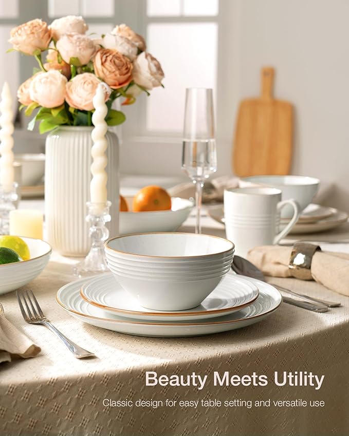 Famiware Jupiter Stoneware Dinnerware Sets Handcrafted Plates and Bowls with Embossed Swirl &amp Speckles White - Chip &amp Scratch Resistant Dishwasher Microwave Safe Minimalist Dishes for 8 (24