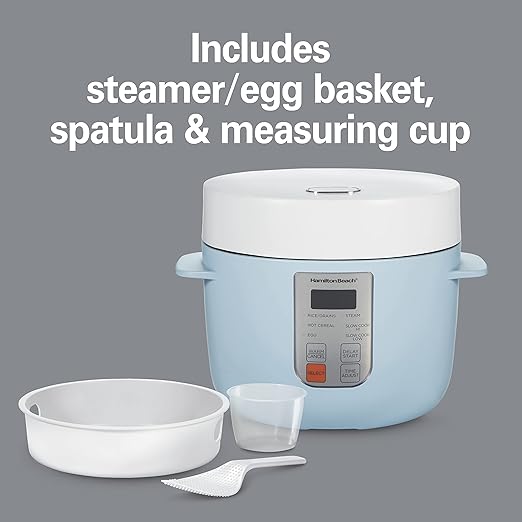 Hamilton Beach Digital Programmable Rice Cooker &amp Food Steamer12 Cups Cooked (6 Uncooked) with Slow Cook &amp Hard-Boiled Egg Functions Steam &amp Rinse Basket Blue (37561)