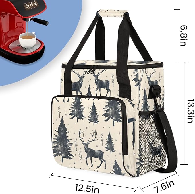 Christmas Festivals Coffee Maker Carrying Bag Deer Tree Travel Storage Bag Compatible with K-Mini or K-Mini Plus Single Serve Coffee Brewer Carrying Case with Multiple Pockets &amp Shoulder Strap