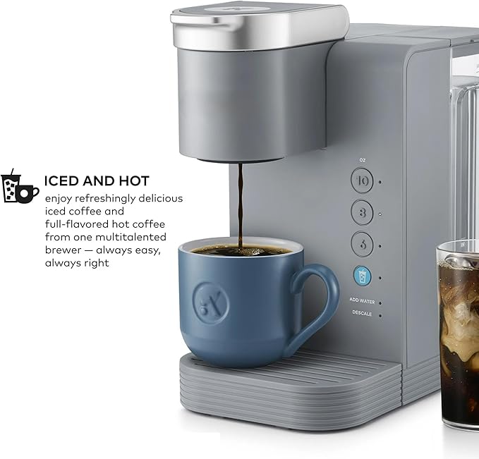 KeurigK -Express Essentials Plus Iced &amp Hot Single Serve Brewer Adjustable Temp Brew Over Ice Pods Compatible Coffee Maker (Gray)