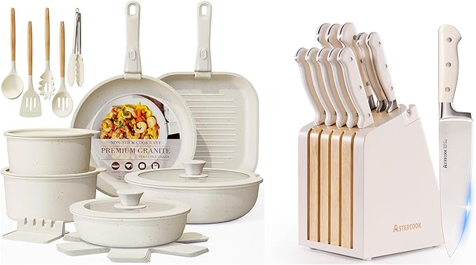 Astercook 23 Pcs Pots and Pans Set Non Stick and 12-Piece Full Tang Kitchen Knife Set with Block and Sharpener