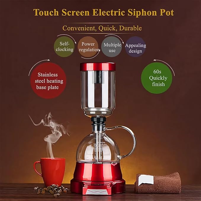 1-3 Cups Vacuum Glass Siphon Pot Tabletop Siphon Coffee Maker with Stainless Steel Heating Chassis Power 200-500W Adjustable and Automatic Timing Brewing for Coffee Shop Coffee Lover