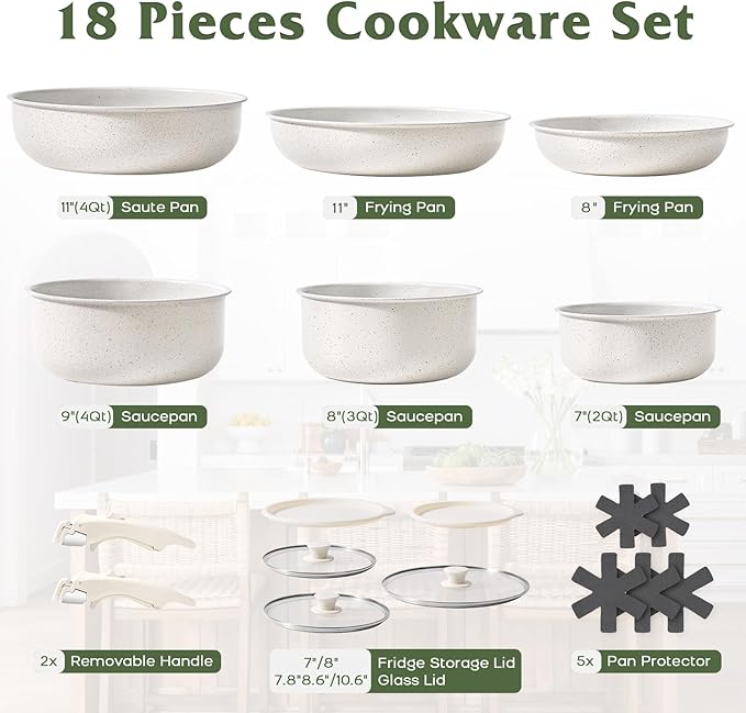 18 Pcs Pots and Pans Set Non Stick Cookware Sets with Detachable Handle Nonstick RV Kitchen Cooking Tools Removable Handles Oven Safe Induction Fast Stackable Induction Cookware White