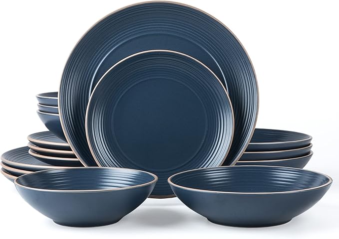 RINGAR Round Stoneware 16pc Double Bowl Dinnerware Set for 4 Dinner Plates Side Plates Cereal Bowls Pasta Bowls - Speckle Matte Blue (420796)