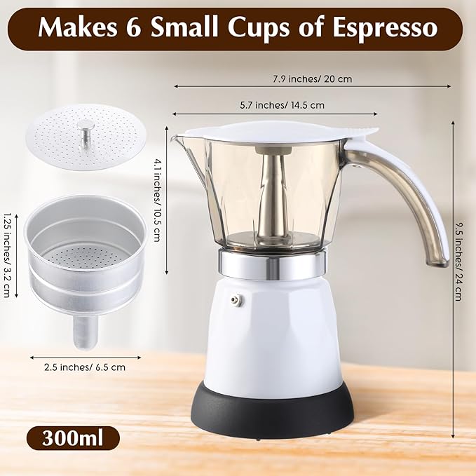 Electric Espresso Maker Transparent Coffee Maker Electric Moka Pot Portable Aluminum Espresso Machine Italian Moka Pot with Detachable Base Coffee Gift for Women Men Home Travel (White6 Cup)