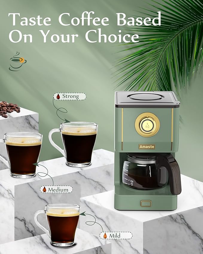 Amaste Drip Coffee Maker Coffee Machine with 25 Oz Glass Coffee Pot Retro Style Coffee Maker with Reusable Filter &amp Three Brewing Modes Warming Plate Matcha Green