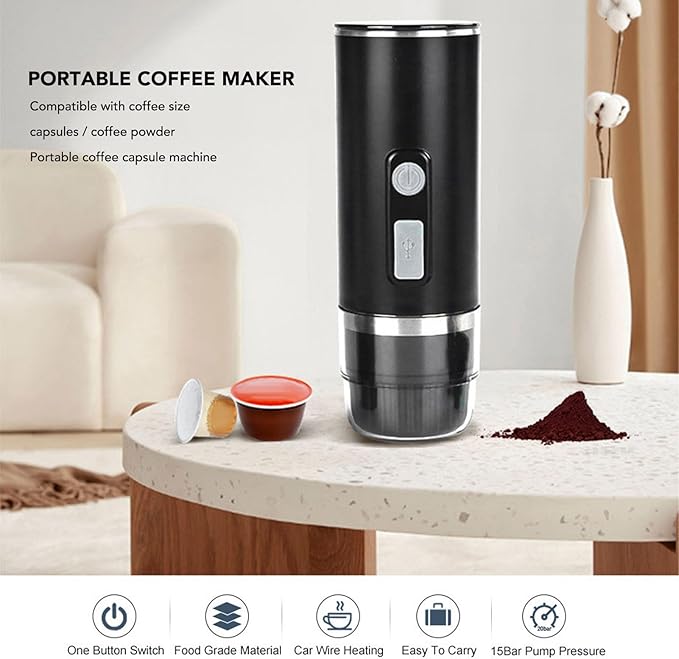 Portable Espresso Machine Electric Coffee Maker with Heating Function 15 Bar 5V Car Coffee Maker Compatible with Coffee Capsules Ground Coffee for Travel Camping Home