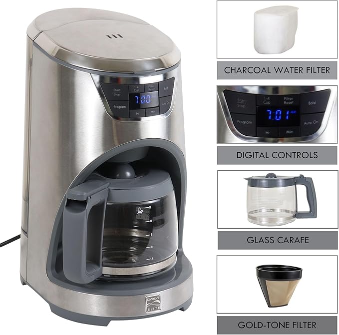Koolatron Kenmore Elite Drip Coffee Maker - 12-Cup Programmable Coffee Machine With Glass Pot Pause and Pour Auto Shut-Off Large Water Reservoir Reusable Filter Dishwasher Safe Carafe