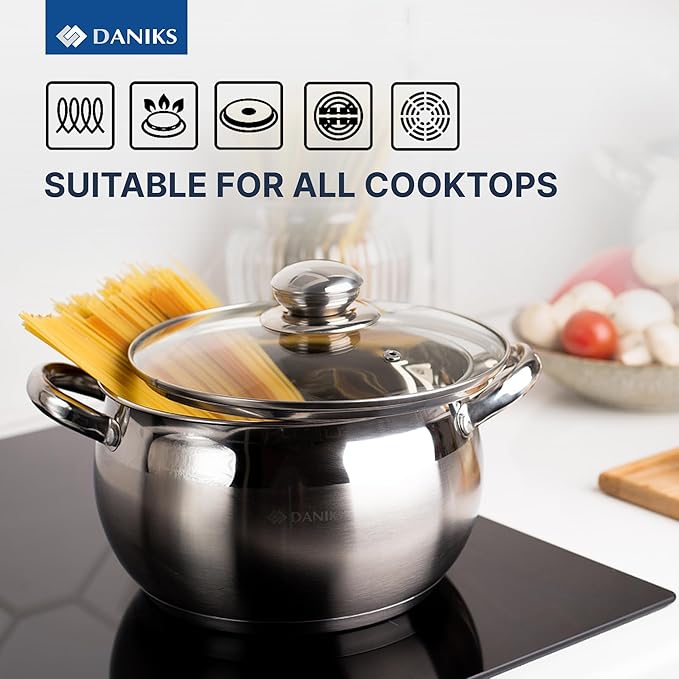 Daniks Classic 6-Piece Stainless Steel Cookware Set with Glass Lids Tri-Ply Bases for Even Heating Induction Compatible Dishwasher Safe