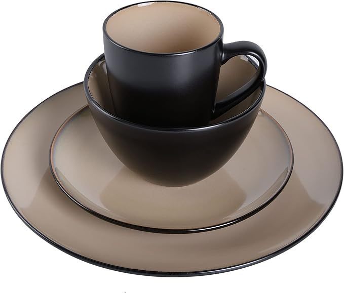 Gibson Elite Soho Lounge 16-Piece Round Reactive Glaze Stoneware Dinnerware Set Service for 4 – Taupe Plates and Bowls