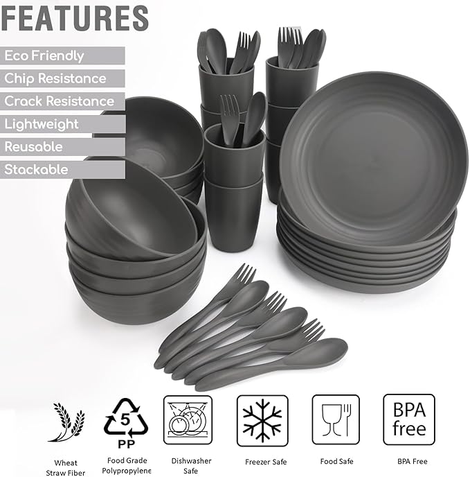 Shopwithgreen Wheat Straw Dinnerware Sets for 8 40 PCS Unbreakable Plates and Bowls Sets Reusable Dinner Dishes Set Bowls CupsPlates for Camping Kitchen RV DormDishwasher Microwave Safe