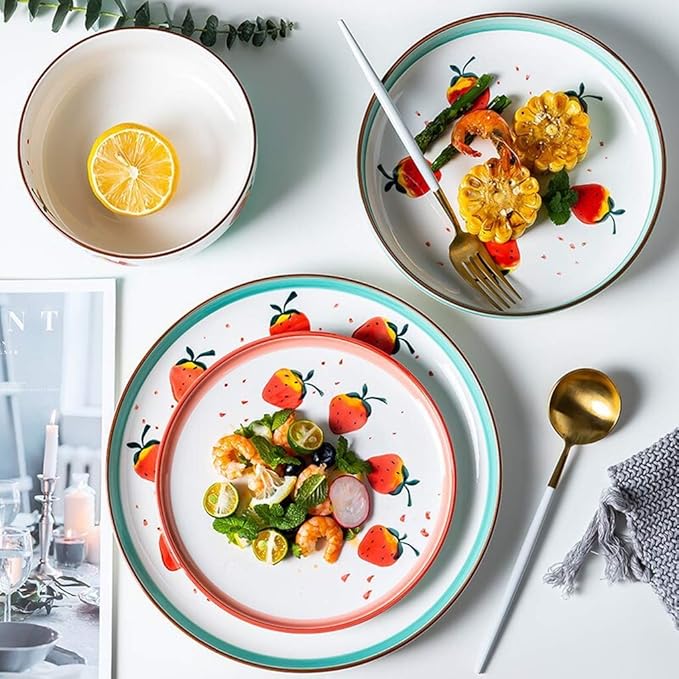 Romantic Dinnerware Set Porcelain Dinner Set - 25 Pieces Cute Strawberry Pattern Ceramics Plates and Bowls Sets for Restaurant and Wedding GiftsPink