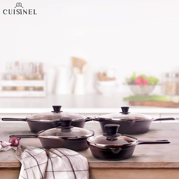 Cuisinel 6+8+10+12-Inch Cast Iron Skillets Set + Glass Lids + Silicone Handle Grips - Pre-Seasoned Frying Pan - Oven Cookware - Use Indoor/Outdoor Grill Stovetop Fire Camping Kitchen