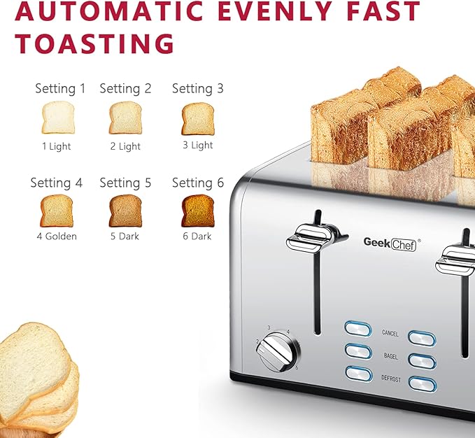 Toaster 4 Slice Geek Chef Stainless Steel Extra-Wide Slot Toaster with Dual Control Panels of Bagel/Defrost/Cancel Function 6 Toasting Bread Shade Settings Removable Crumb Trays Auto Pop-Up