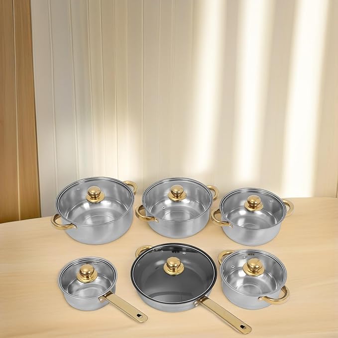 VANZACK Stainless Steel Cookware Set with Nonstick Frying Pan and Gold Handles Even Heat Distribution Pots and Saucepan for Induction Gas Electric Stoves Kitchen Essentials for Family