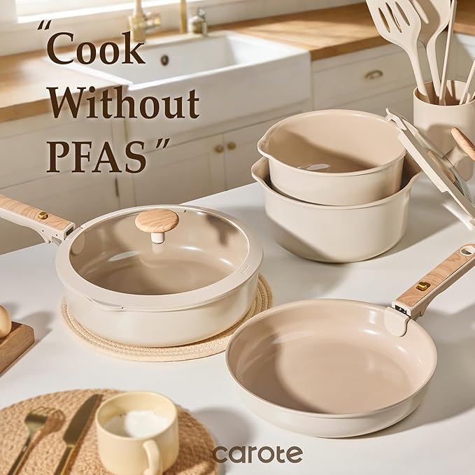CAROTE 25PCS Ceramic Nonstick Cookware Set Pots and Pans Set with Detachable Handle PFAS-Free Non-Toxic Induction &amp Oven Safe Stackable Space-Saving Taupe