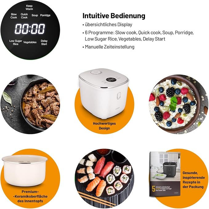 Low Sugar Rice Cooker Rice Cooker with Low Sugar Function 3L Volume 6 Modes Delayed Start Keep Warm Non-Stick Ceramic Surface Dishwasher Safe Cookbook Overflow Protection