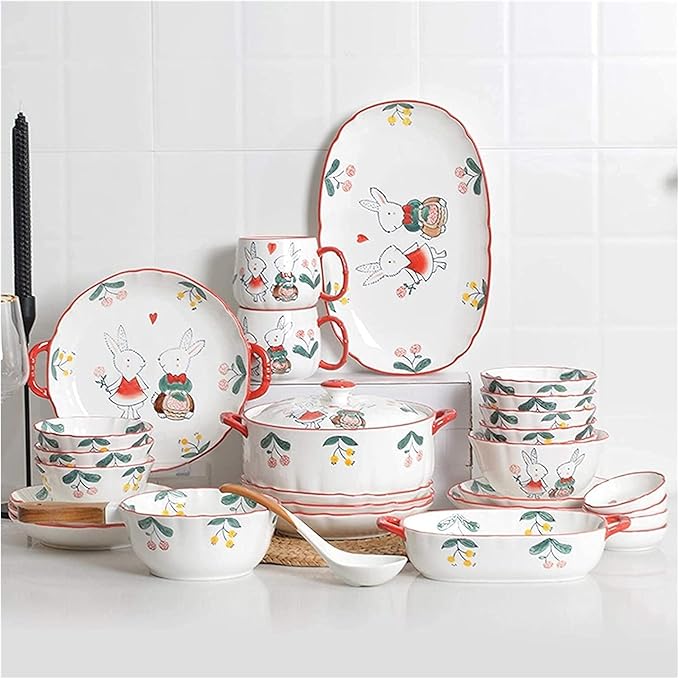 Dinnerware Sets Dish SetCeramics Dinner SetsSoup Pot Cereal Bowl and Steak Plate Set | 56 Pieces Hand Drawn Pattern Porcelain